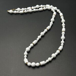 3/$30 Vintage Monet White Beaded Necklace Gold Round Cylinder Acrylic Beads 26"